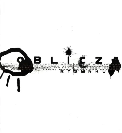 Na okładce dominuje minimalistyczny biały kolor tła z wyraźnymi czarnymi akcentami. Centralnie umieszczony jest tytuł „Oblicza rysunku” zapisany dużymi, pogrubionymi literami. Litery tytułu są częściowo zasłonięte lub połączone z czarnymi plamami atramentu, rozbryzgami i ekspresyjnymi śladami przypominającymi efekty rysunku tuszem.