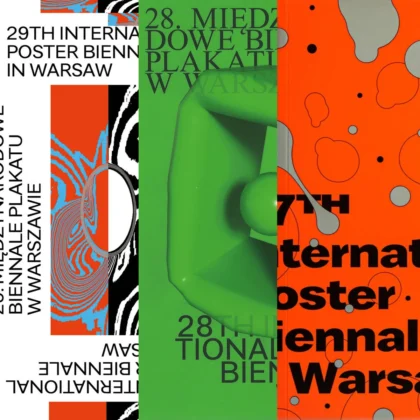 Trzy różnokolorowe okładki 27, 28 i 29. edycji Międzynarodowego Biennale Plakatu w Warszawie jedna obok drugiej