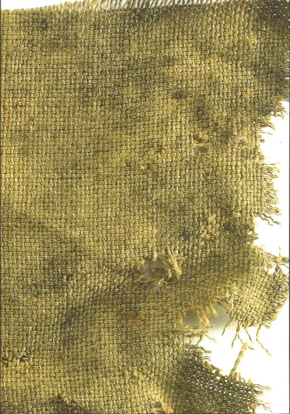 Na okładce znajduje się kawałek poszarpanej tkaniny w odcieniach żółci