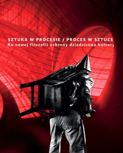 Okładka w ciemno-czerwonej kolorystyce z człowiekiem niosącym krzesło na plecach