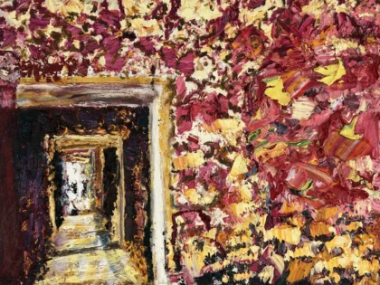 Praca przedstawia abstrakcyjną kompozycję z masą czerwonych, różowych i żółtych barw