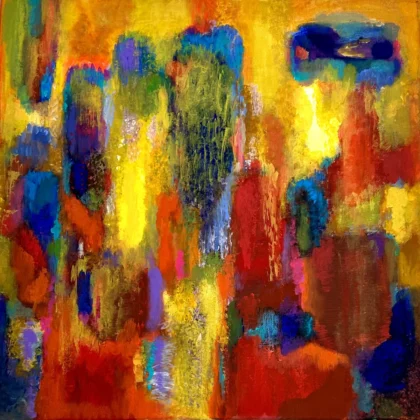 Abstrakcyjny obraz charakteryzujący się żywą mieszanką kolorów i dynamicznych kształtów