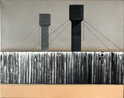 Praca ukazuje dwa zbiorniki w oddali ustawione za płotem