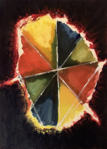 Żywy, abstrakcyjny obraz przedstawia centralny kształt geometryczny w czerwonej, żółtej, zielonej i niebieskiej palecie barw, otoczony ognistą, czerwoną i czarną aureolą