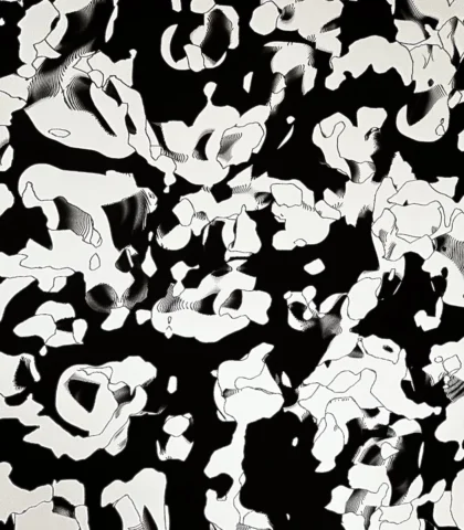 Abstrakcyjny, czarno-biały wydruk pełen płynnych, falistych kształtów wyglądających jak ciecz lub dym